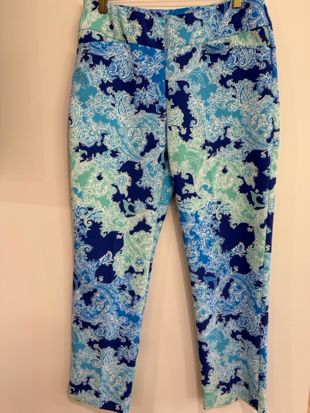 IBKUL Navy, Light Blue & Mint Paisley Cropped Performance Pants